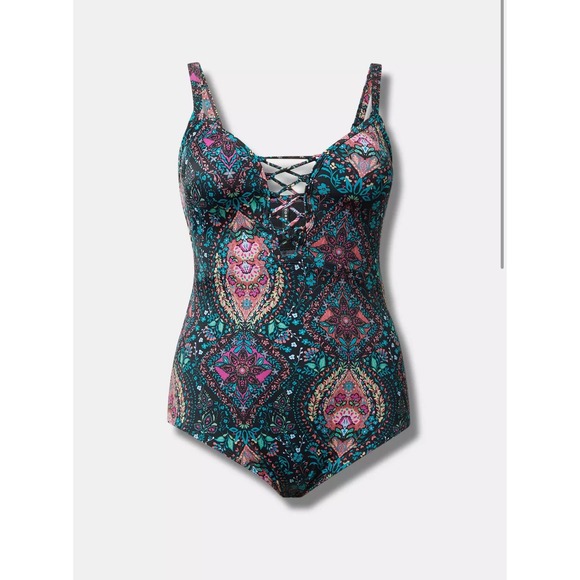 Torrid Wireless Plunge One-Pc Swimsuit Cosette Jaco Deep Black Sz 0 /L- 12 $89 - Picture 1 of 11